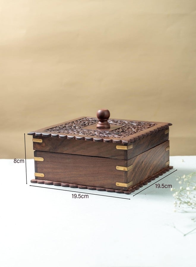 JUNSU CRAFT RA Junsu Craft Sheesham & Teak Wood Dry Fruit/Spice Box | 4 Partitions | Handmade Showpiece Box | Hand Carving Decorative Gift Boxes | Carved Lid | Square Shape | Size 19.5 x 8 cm - Image 2
